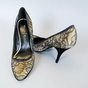 White House Black Market | Pale Yellow & Black Lace | Round Toe Stiletto Pumps